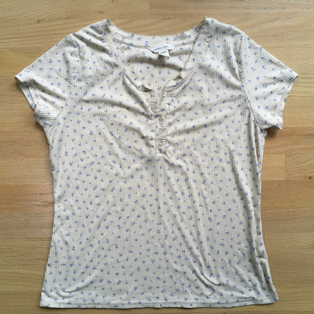 Laura Ashley Womens Ribbed Henley Top Blue Floral Ditsy Short Sleeve Cream Large